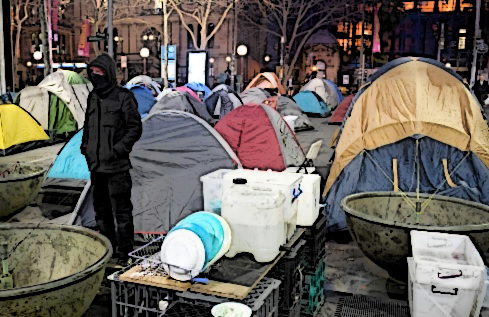 Many tents are set up in a city homeless encampment