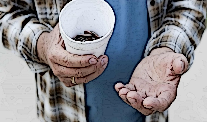 A man holds his change cup out to ask for money.
