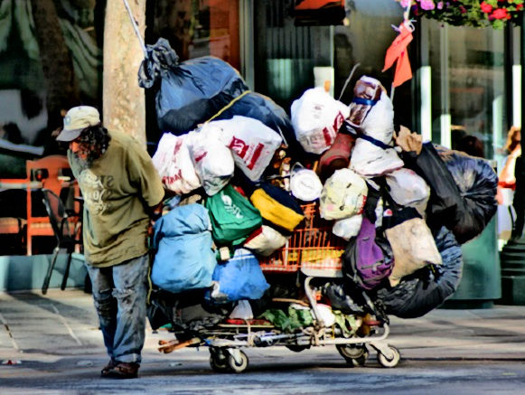homeless man pulls a shopping cart