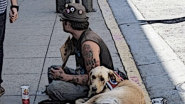 A man panhandles for money with his dog.